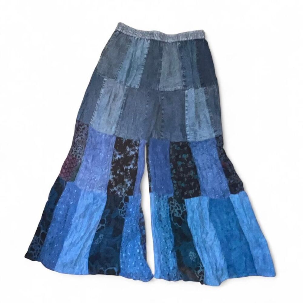 Woman's Denim Patchwork Mixed Media Rayon Wide Leg Pants SZ L - Picture 2 of 5